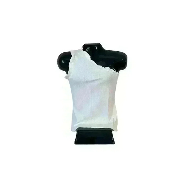 Women's One Shoulder‎ Tank Top Ruffle Ribbed White Size Large L Stretch By Entro - Picture 1 of 7